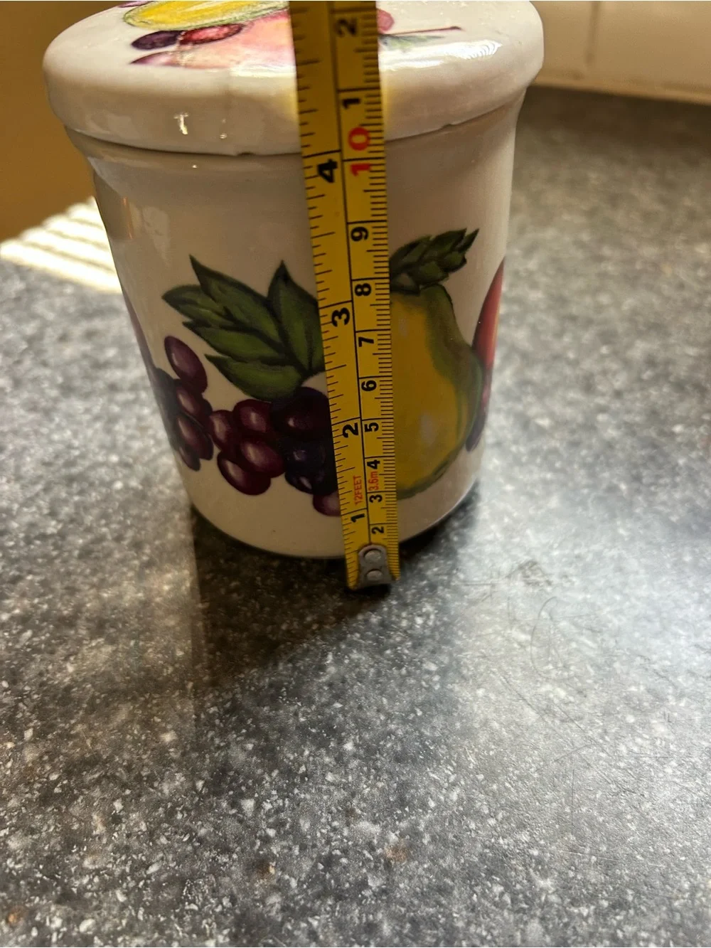 Vintage Ceramic Fruit Canister in White with Red, Yellow and Purple Fruit Motif